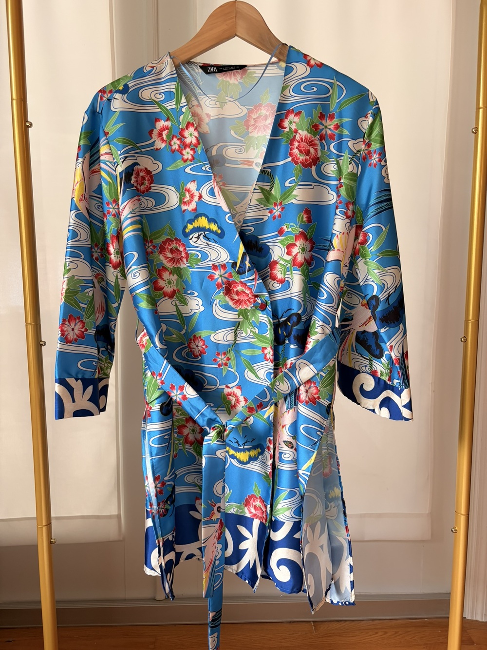 Zara Oriental Bird Floral Satin Kimono Wrap Dress Blue Size S